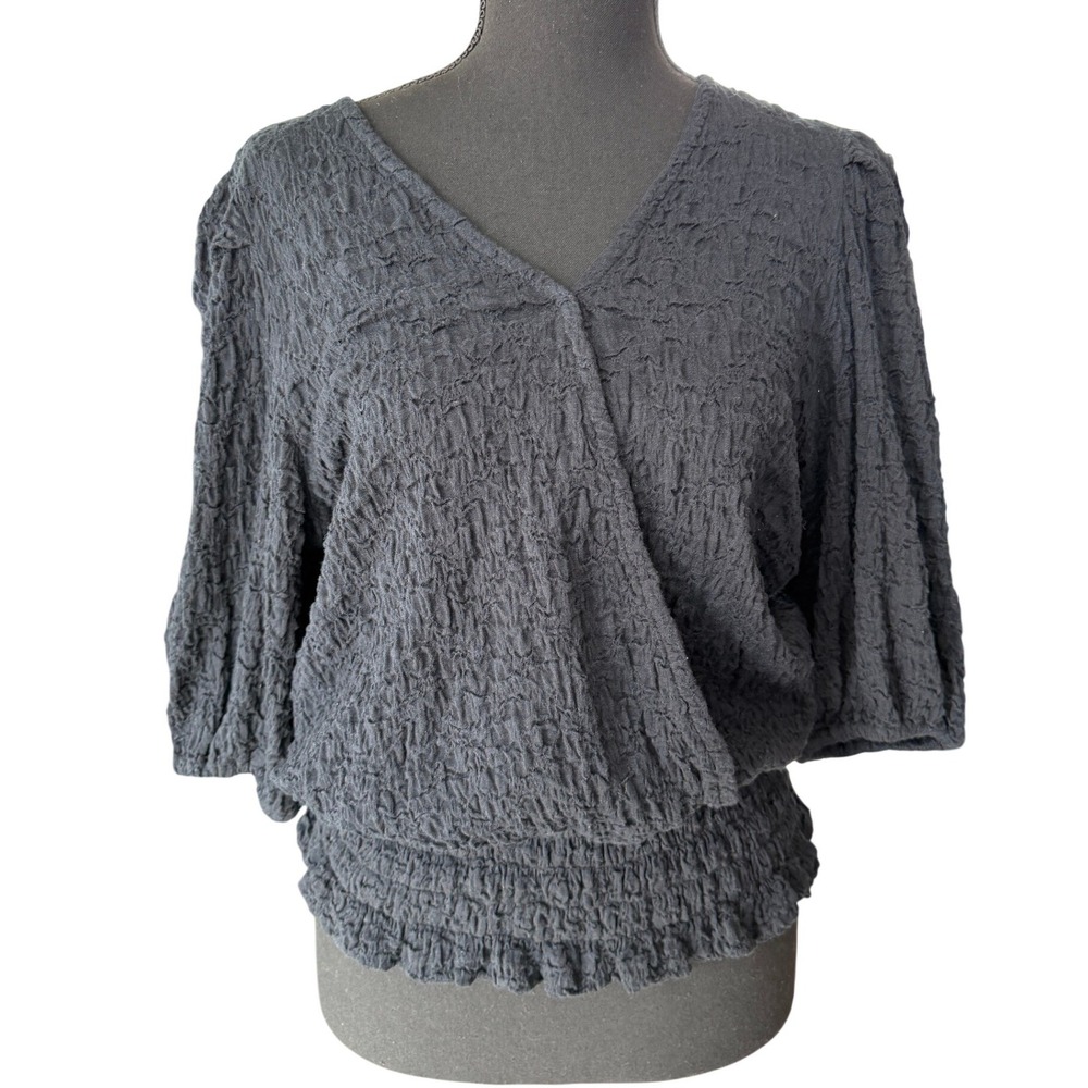 Anthropologie Calligraphie Smocked Hem Puff‎ Sleeve Blouse Top Size S Black